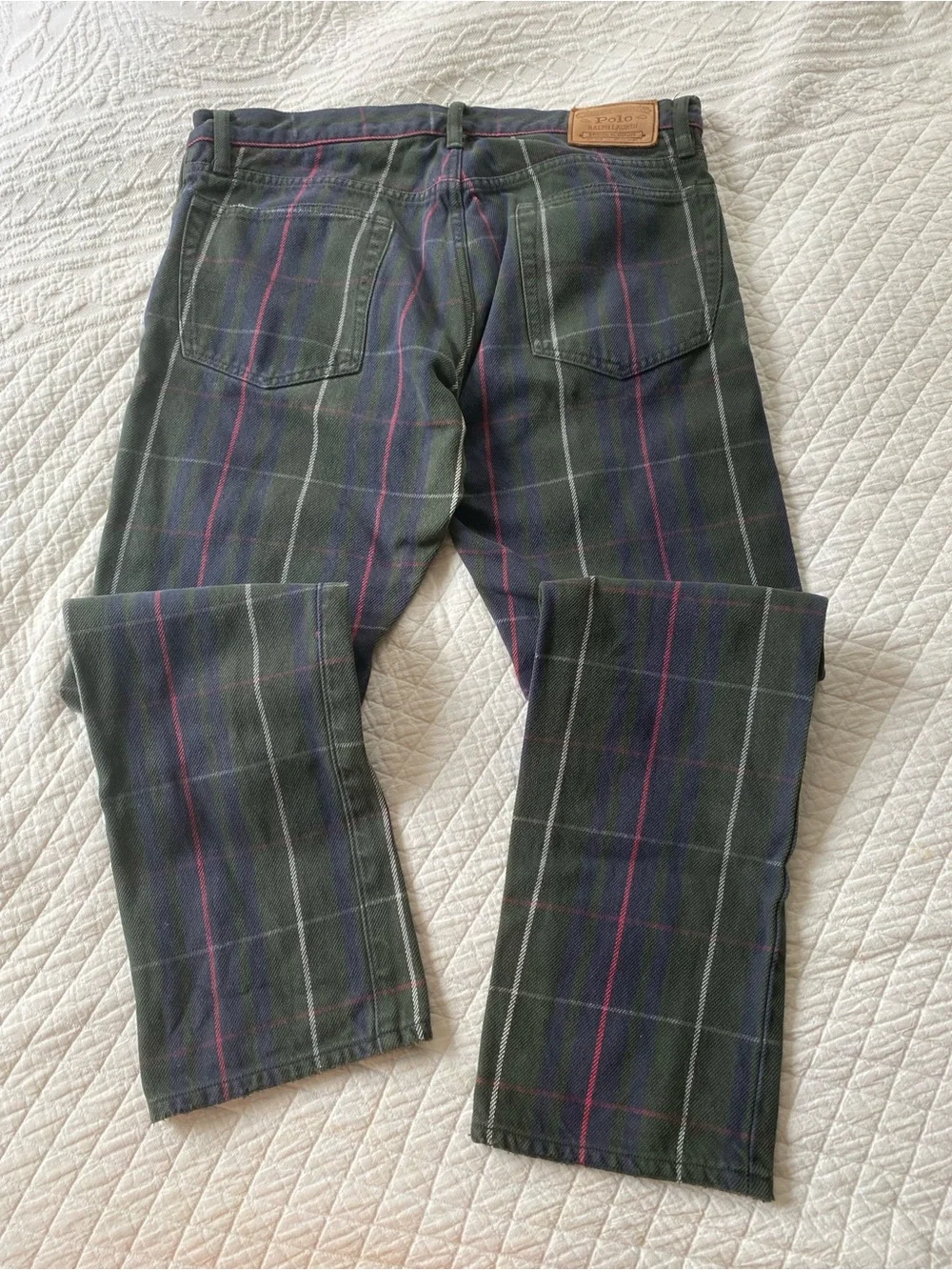 VTG Polo Ralph Lauren Varick Slim Straight Green Plaid Tartan Pants Preppy 32x30